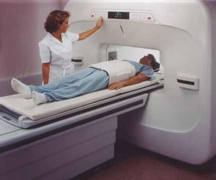 An 'open' MRI unit. These models are designed to alleviate patient claustrophobia.